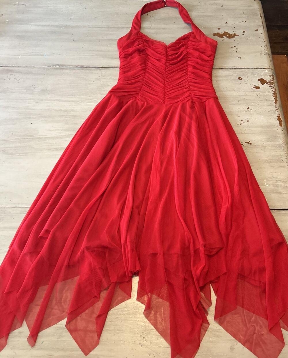 Y2K Zum Zum Niki Livas Red Halter Handkerchief Hem Sz S Ruched Whimsy Goth
